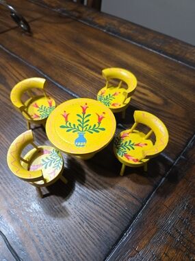 Yellow Hand-Painted  Dollhouse Miniature Table and Chair Set/ JAPAN